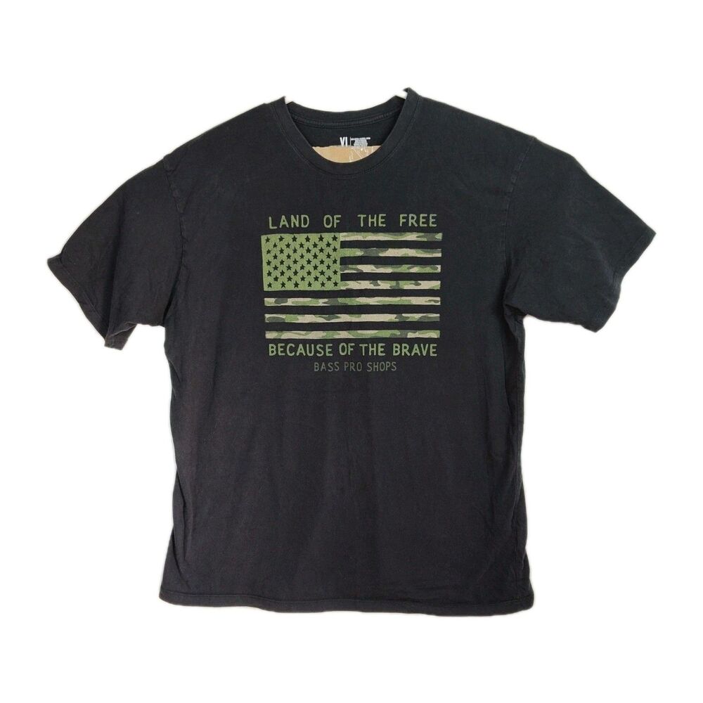 Bass Pro Shops T-shirt Men's XL Black Graphic Print Camo American Flag Slogan‎